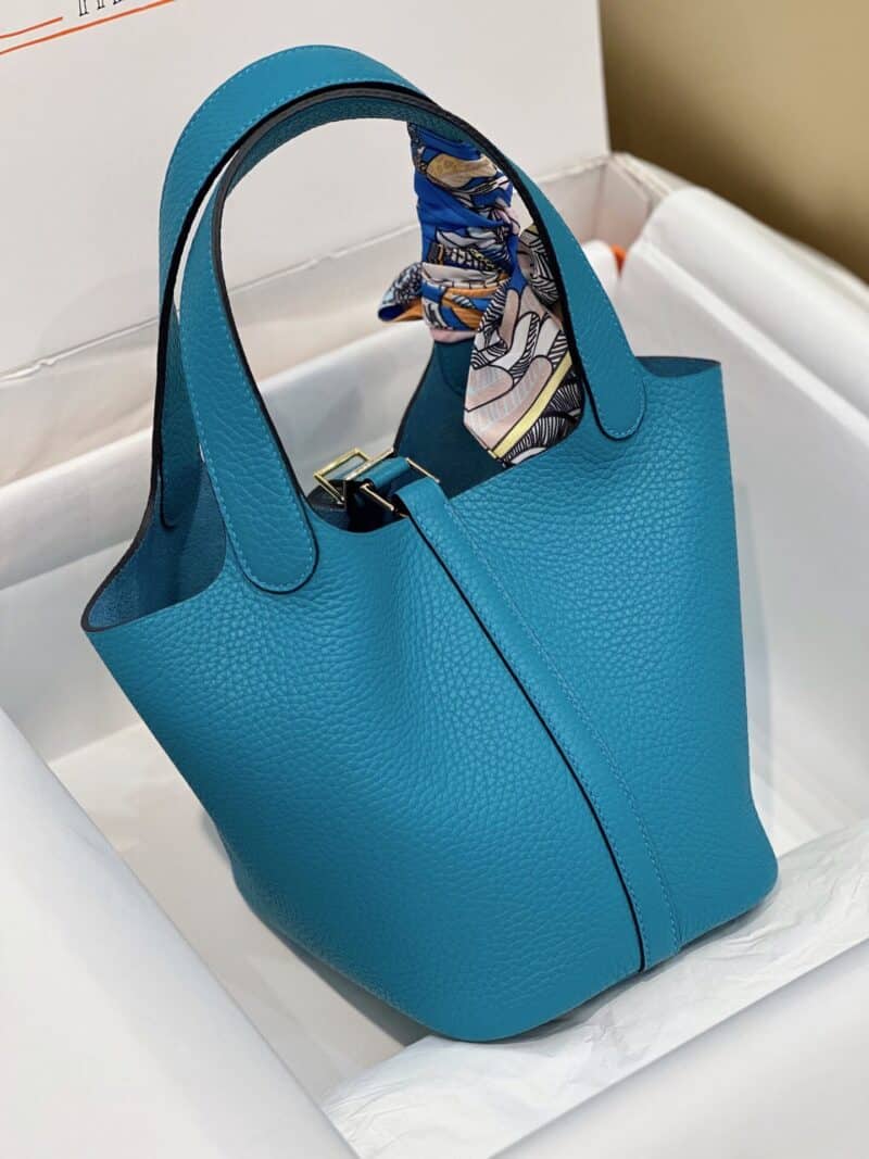 TÚI HERMES PICOTIN LOCK 18 SILVER PALLADIUM HARDWARE SIÊU CẤP KHÂU TAY MÀU XANH COBAN