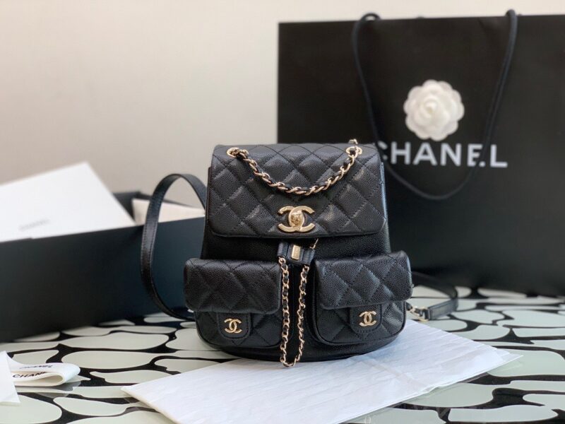 BALO CHANEL SMALL BACKPACK GRAINED SHINY CALFSKIN & GOLD BLACK SIÊU CẤP