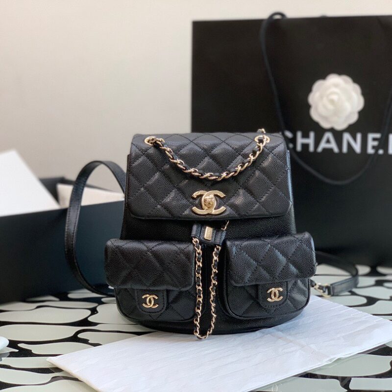 BALO CHANEL SMALL BACKPACK GRAINED SHINY CALFSKIN & GOLD BLACK SIÊU CẤP
