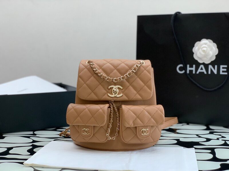 BALO CHANEL SMALL BACKPACK GRAINED SHINY CALFSKIN & GOLD CARAMEL BEIGE SIÊU CẤP