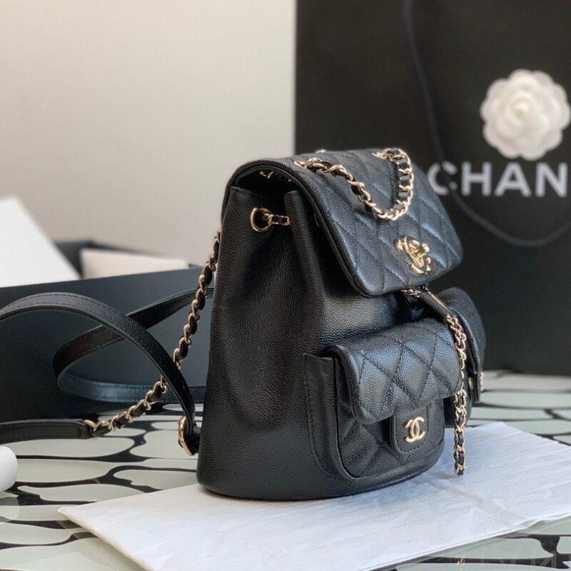 BALO CHANEL SMALL BACKPACK GRAINED SHINY CALFSKIN & GOLD BLACK SIÊU CẤP