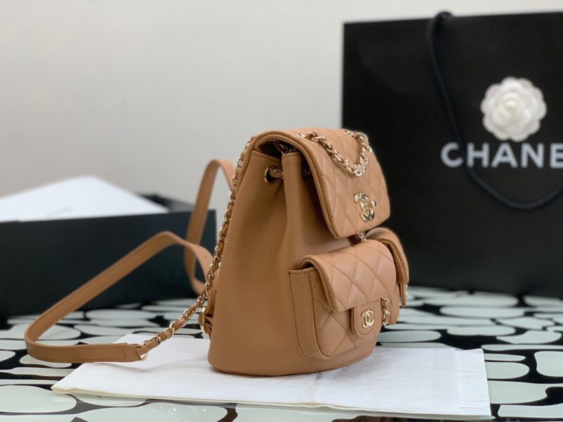 BALO CHANEL SMALL BACKPACK GRAINED SHINY CALFSKIN & GOLD CARAMEL BEIGE SIÊU CẤP