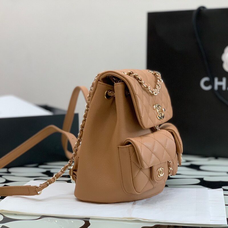 BALO CHANEL SMALL BACKPACK GRAINED SHINY CALFSKIN & GOLD CARAMEL BEIGE SIÊU CẤP