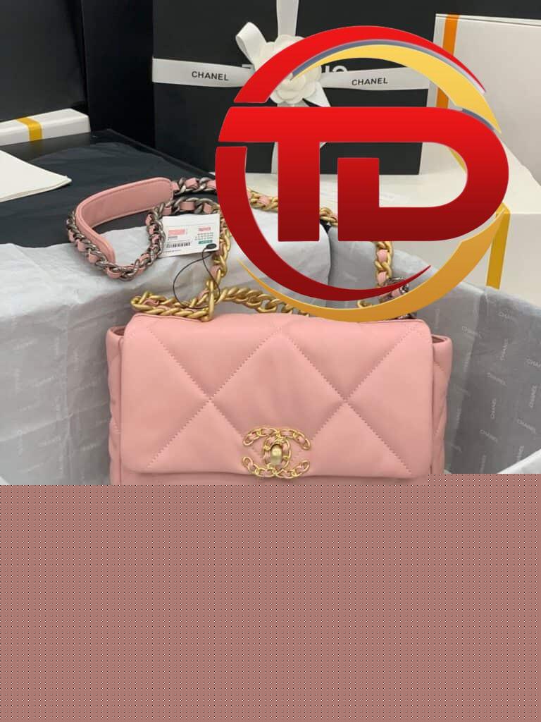 TÚI CHANEL 19 FLAP BAG DOUBLE C LOGO LAMBSKIN KHÓA VÀNG SIÊU CẤP MÀU HỒNG