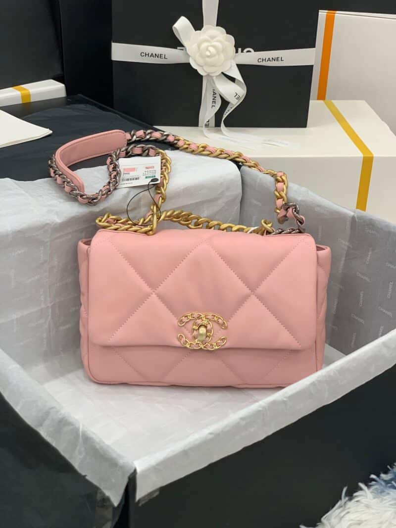TÚI CHANEL 19 FLAP BAG DOUBLE C LOGO LAMBSKIN KHÓA VÀNG SIÊU CẤP MÀU HỒNG