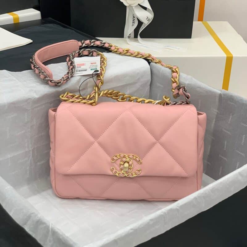 TÚI CHANEL 19 FLAP BAG DOUBLE C LOGO LAMBSKIN KHÓA VÀNG SIÊU CẤP MÀU HỒNG