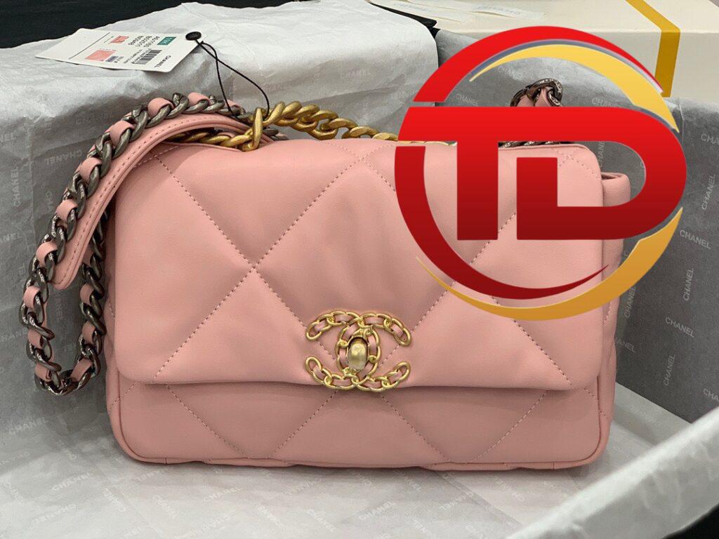 TÚI CHANEL 19 FLAP BAG DOUBLE C LOGO LAMBSKIN KHÓA VÀNG SIÊU CẤP MÀU HỒNG