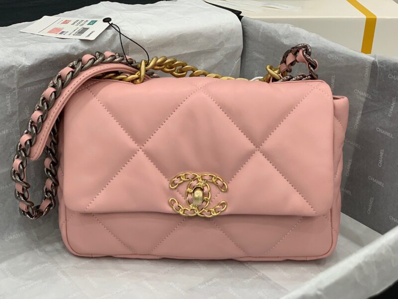 TÚI CHANEL 19 FLAP BAG DOUBLE C LOGO LAMBSKIN KHÓA VÀNG SIÊU CẤP MÀU HỒNG