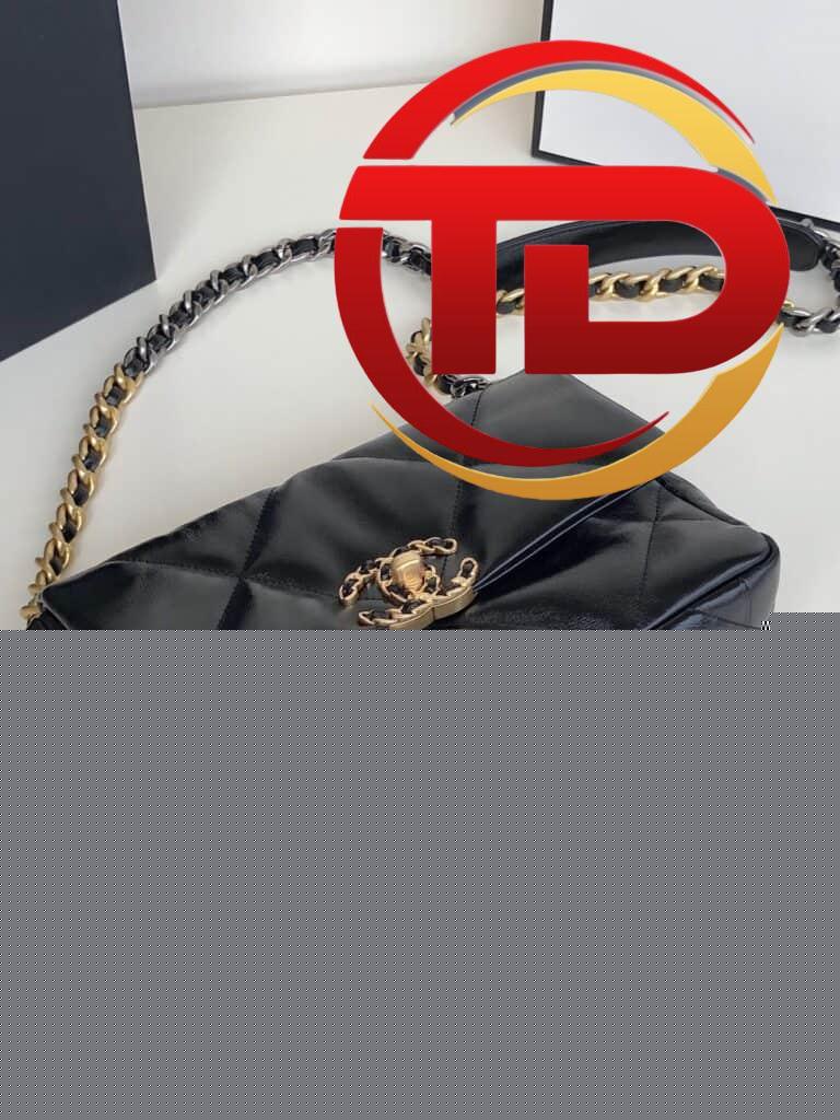 TÚI CHANEL 19 FLAP BAG DOUBLE C LOGO LAMBSKIN KHÓA VÀNG SIÊU CẤP MÀU ĐEN
