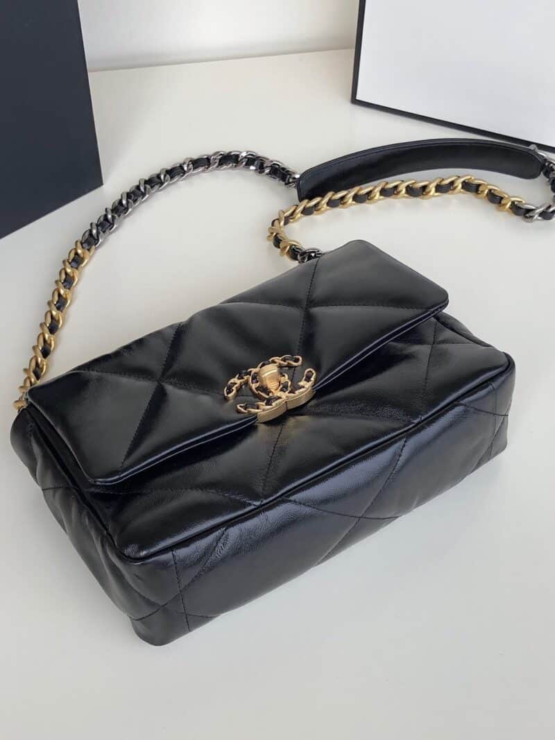 TÚI CHANEL 19 FLAP BAG DOUBLE C LOGO LAMBSKIN KHÓA VÀNG SIÊU CẤP MÀU ĐEN