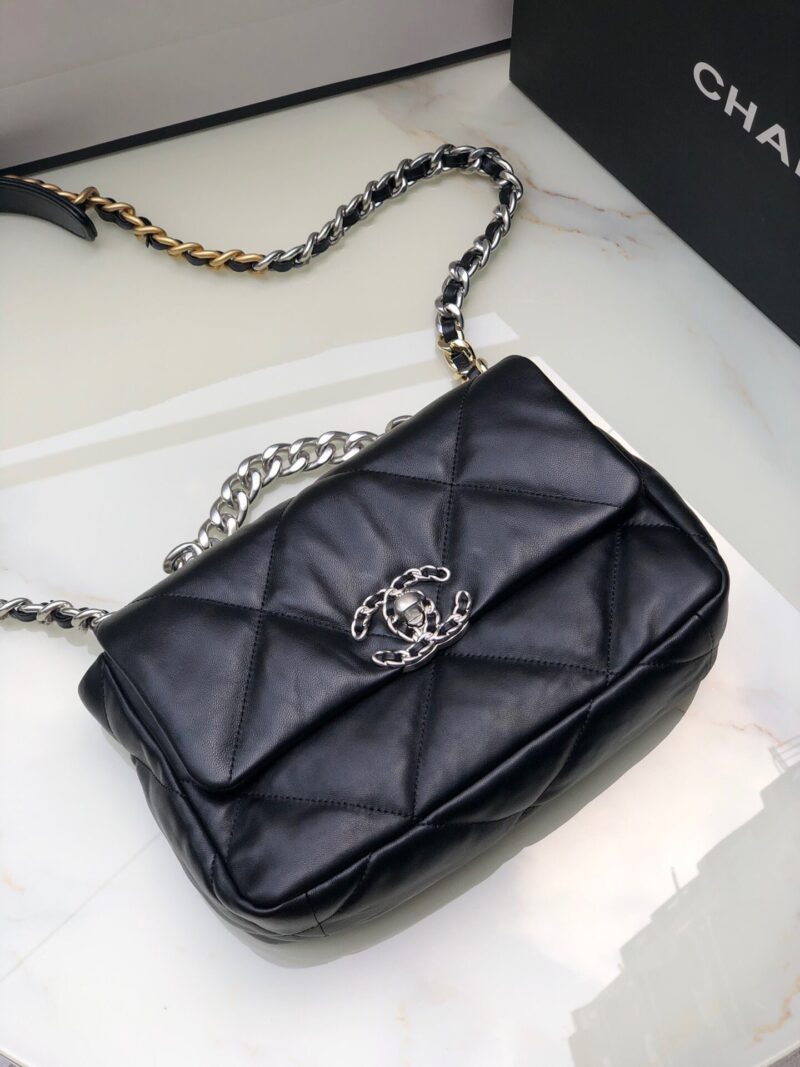 TÚI CHANEL 19 FLAP BAG DOUBLE C LOGO LAMBSKIN KHÓA BẠC SIÊU CẤP MÀU ĐEN
