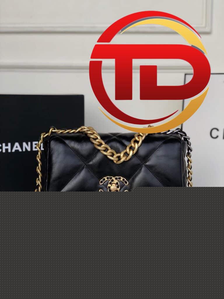TÚI CHANEL 19 FLAP BAG DOUBLE C LOGO LAMBSKIN KHÓA VÀNG SIÊU CẤP MÀU ĐEN
