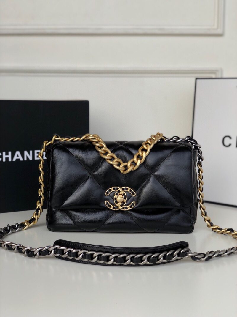 TÚI CHANEL 19 FLAP BAG DOUBLE C LOGO LAMBSKIN KHÓA VÀNG SIÊU CẤP MÀU ĐEN