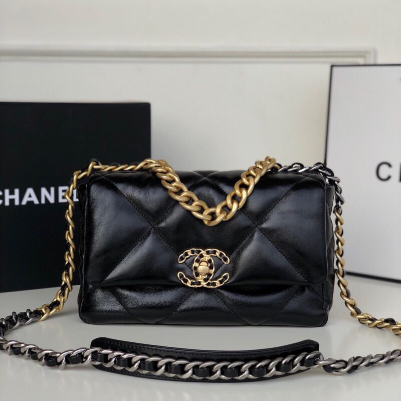 TÚI CHANEL 19 FLAP BAG DOUBLE C LOGO LAMBSKIN KHÓA VÀNG SIÊU CẤP MÀU ĐEN