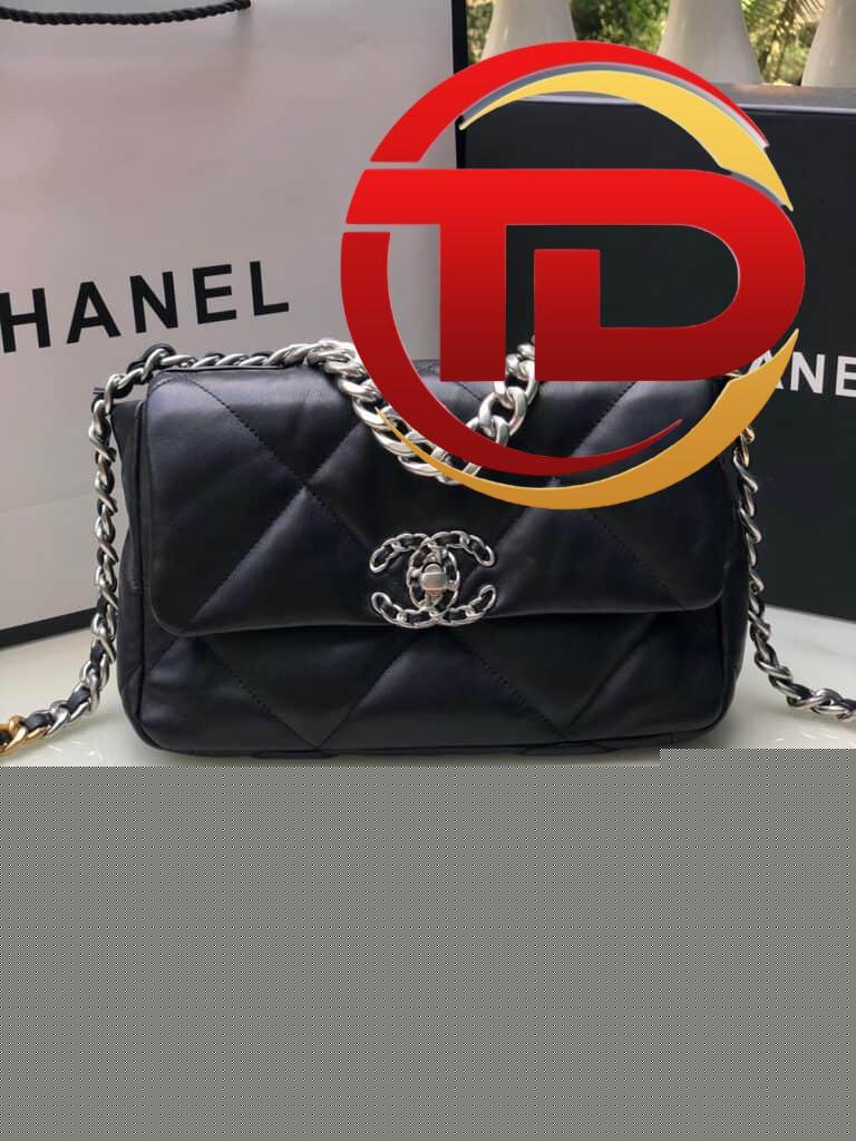 TÚI CHANEL 19 FLAP BAG DOUBLE C LOGO LAMBSKIN KHÓA BẠC SIÊU CẤP MÀU ĐEN
