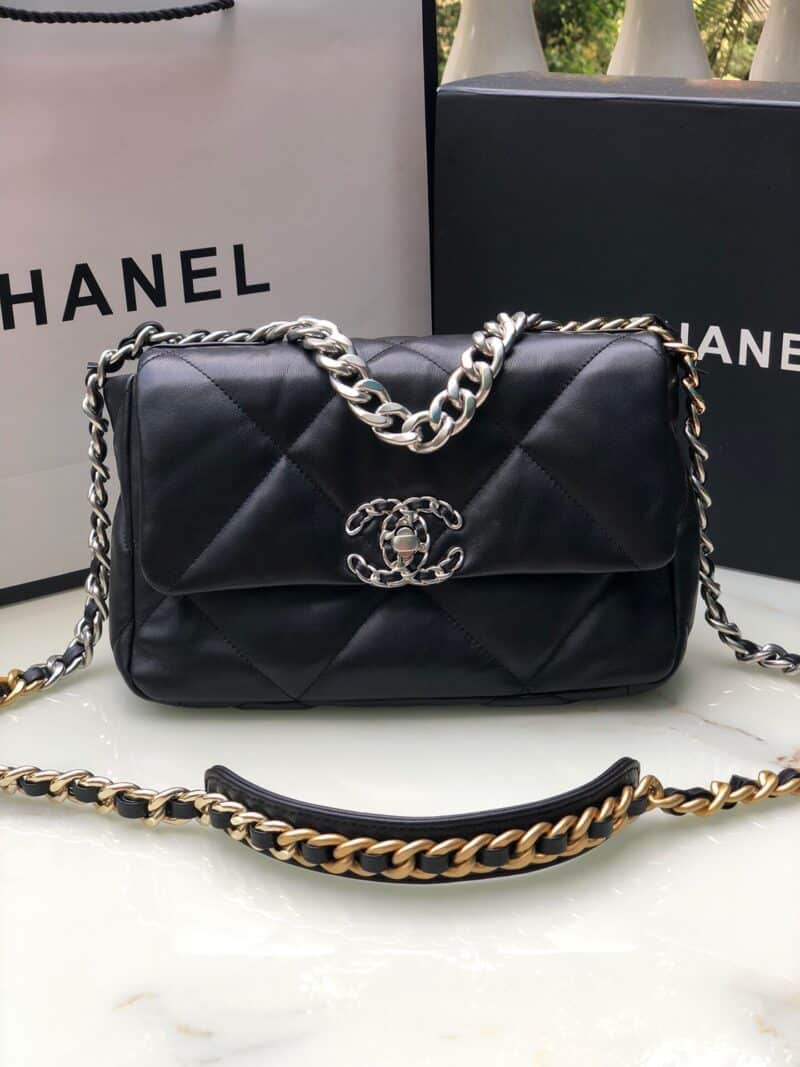 TÚI CHANEL 19 FLAP BAG DOUBLE C LOGO LAMBSKIN KHÓA BẠC SIÊU CẤP MÀU ĐEN