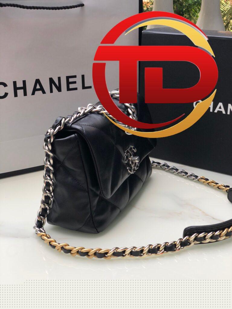 TÚI CHANEL 19 FLAP BAG DOUBLE C LOGO LAMBSKIN KHÓA BẠC SIÊU CẤP MÀU ĐEN