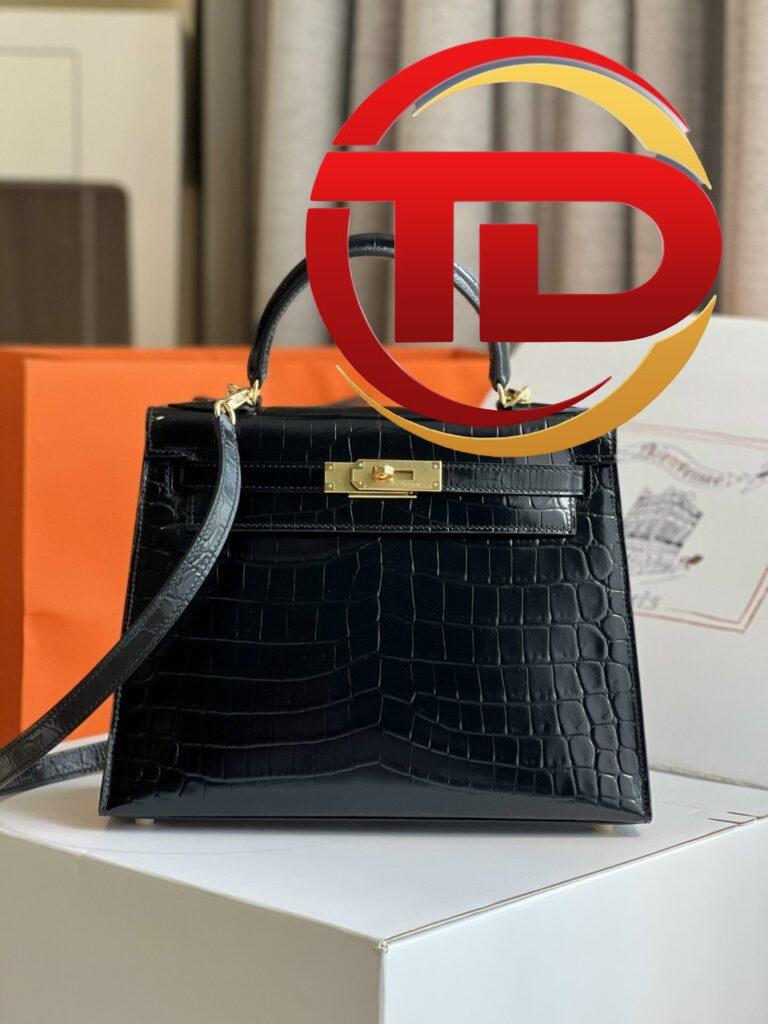 TÚI XÁCH HM HERMES KELLY 28 CROCODILE SIÊU CẤP KHÂU TAY 100% MÀU ĐEN