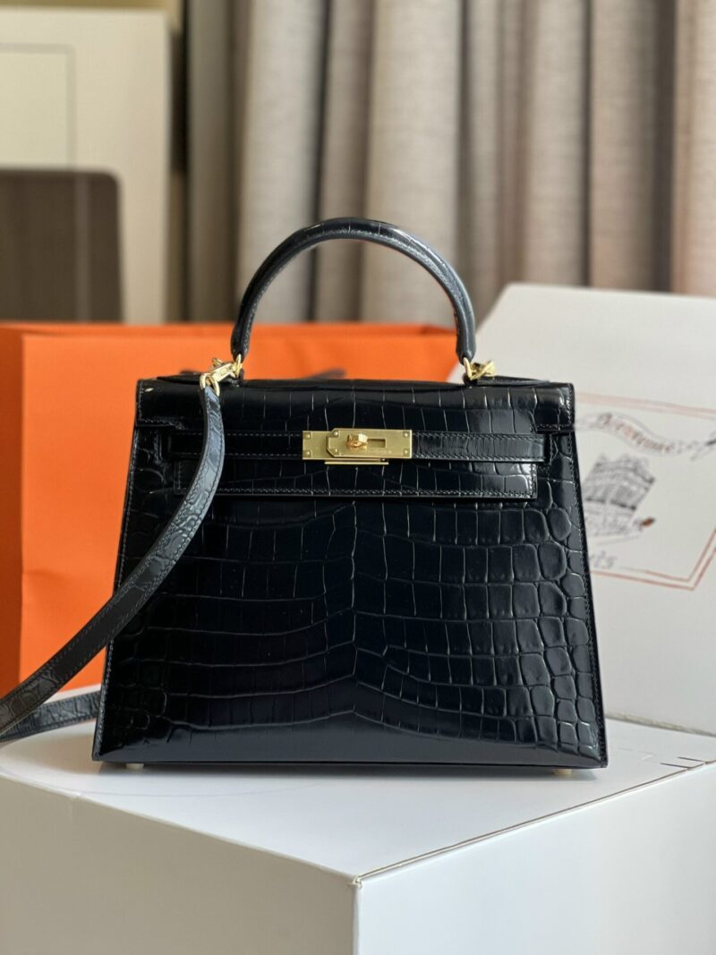 TÚI XÁCH HM HERMES KELLY 28 CROCODILE SIÊU CẤP KHÂU TAY 100% MÀU ĐEN