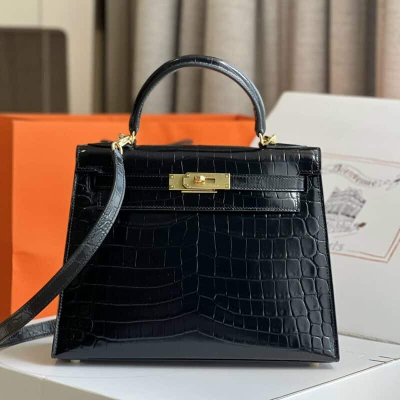 TÚI XÁCH HM HERMES KELLY 28 CROCODILE SIÊU CẤP KHÂU TAY 100% MÀU ĐEN