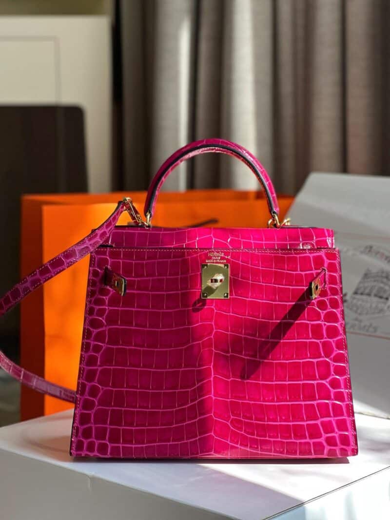 TÚI XÁCH HM HERMES KELLY 28 CROCODILE SIÊU CẤP KHÂU TAY 100% MÀU HỒNG TÍM
