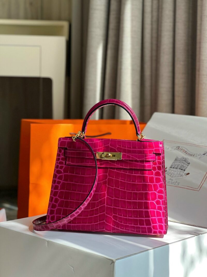 TÚI XÁCH HM HERMES KELLY 28 CROCODILE SIÊU CẤP KHÂU TAY 100% MÀU HỒNG TÍM