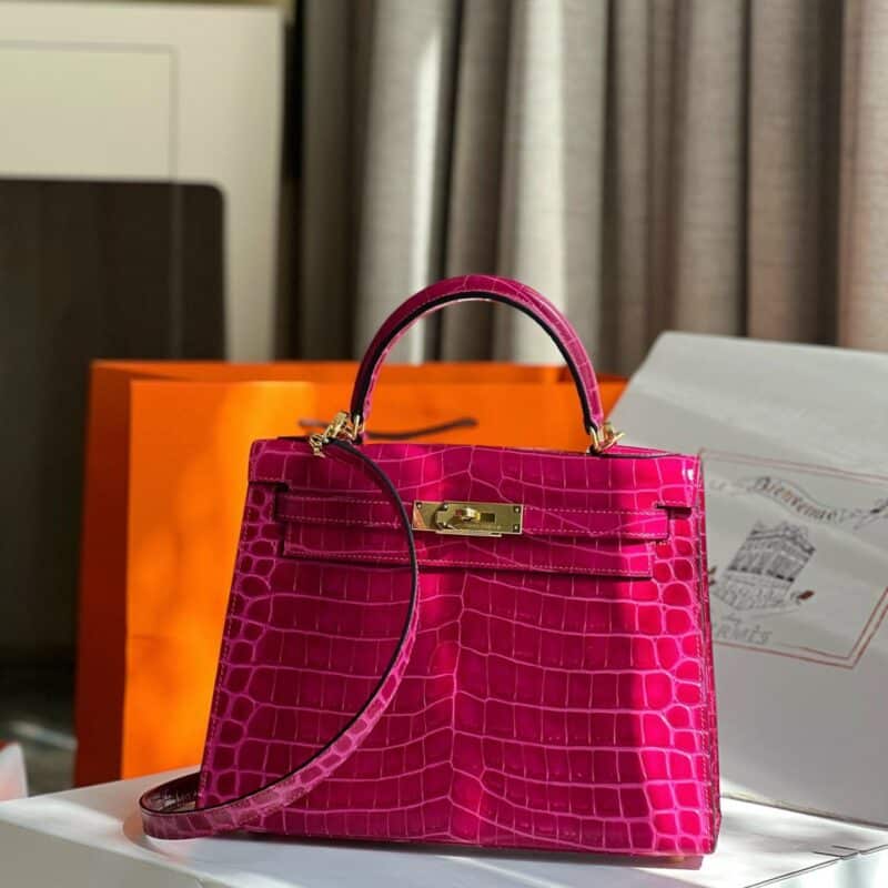 TÚI XÁCH HM HERMES KELLY 28 CROCODILE SIÊU CẤP KHÂU TAY 100% MÀU HỒNG TÍM