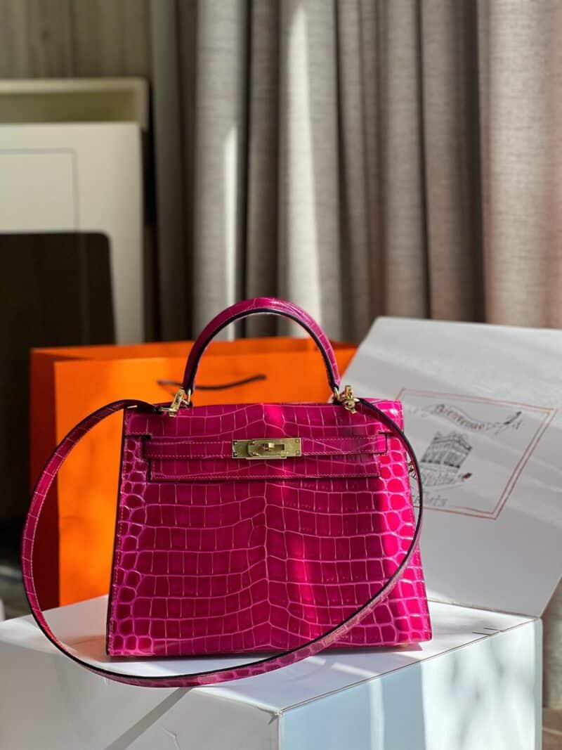TÚI XÁCH HM HERMES KELLY 28 CROCODILE SIÊU CẤP KHÂU TAY 100% MÀU HỒNG TÍM