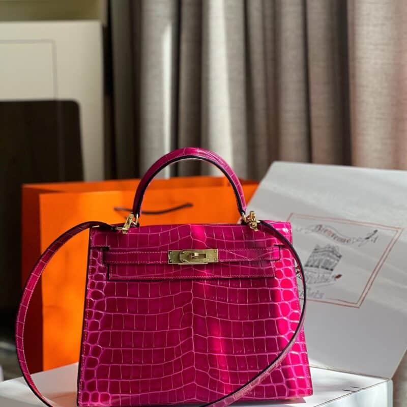 TÚI XÁCH HM HERMES KELLY 28 CROCODILE SIÊU CẤP KHÂU TAY 100% MÀU HỒNG TÍM