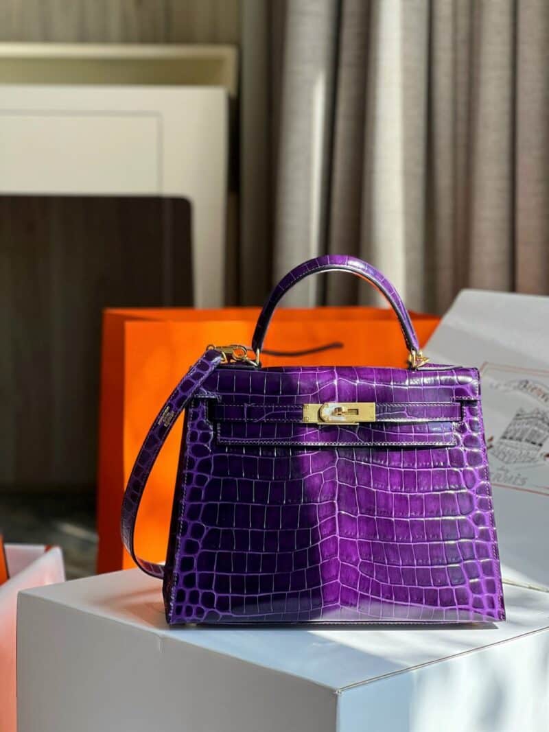 TÚI XÁCH HM HERMES KELLY 28 CROCODILE SIÊU CẤP KHÂU TAY 100% MÀU TÍM