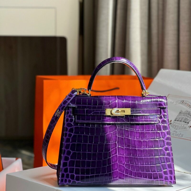 TÚI XÁCH HM HERMES KELLY 28 CROCODILE SIÊU CẤP KHÂU TAY 100% MÀU TÍM