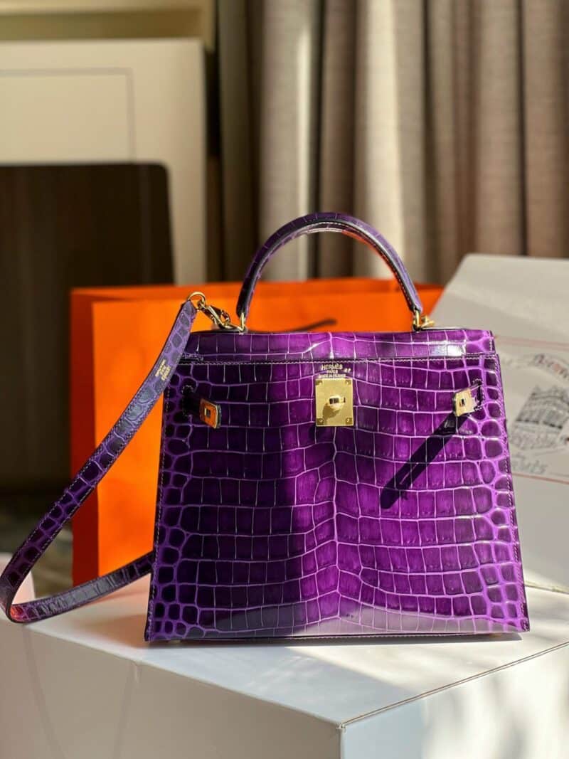 TÚI XÁCH HM HERMES KELLY 28 CROCODILE SIÊU CẤP KHÂU TAY 100% MÀU TÍM