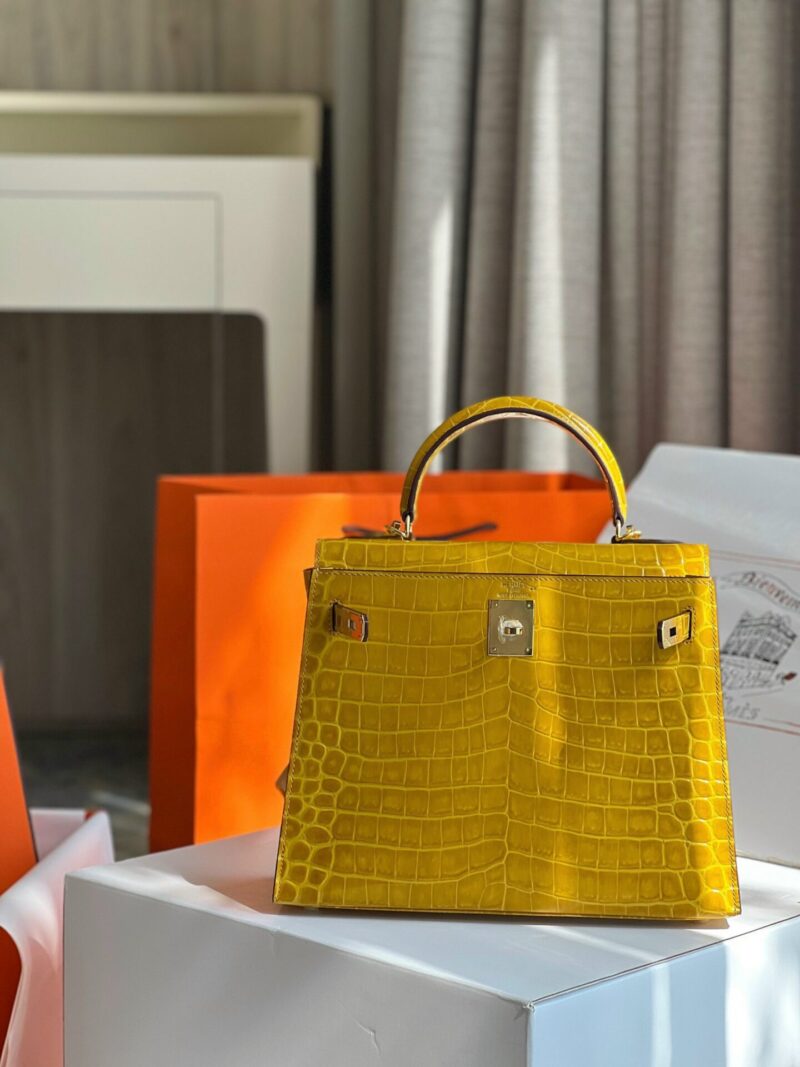 TÚI XÁCH HM HERMES KELLY 28 CROCODILE SIÊU CẤP KHÂU TAY 100% MÀU VÀNG