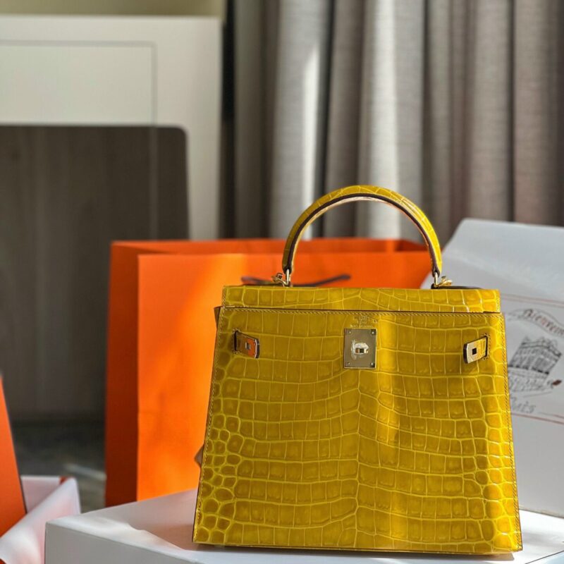 TÚI XÁCH HM HERMES KELLY 28 CROCODILE SIÊU CẤP KHÂU TAY 100% MÀU VÀNG