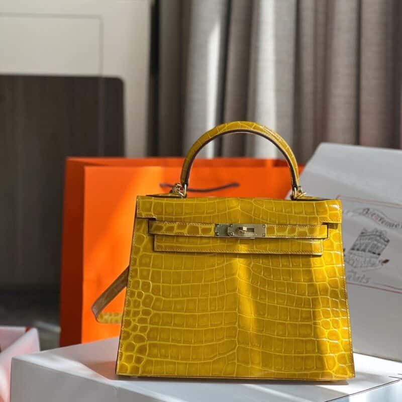 TÚI XÁCH HM HERMES KELLY 28 CROCODILE SIÊU CẤP KHÂU TAY 100% MÀU VÀNG