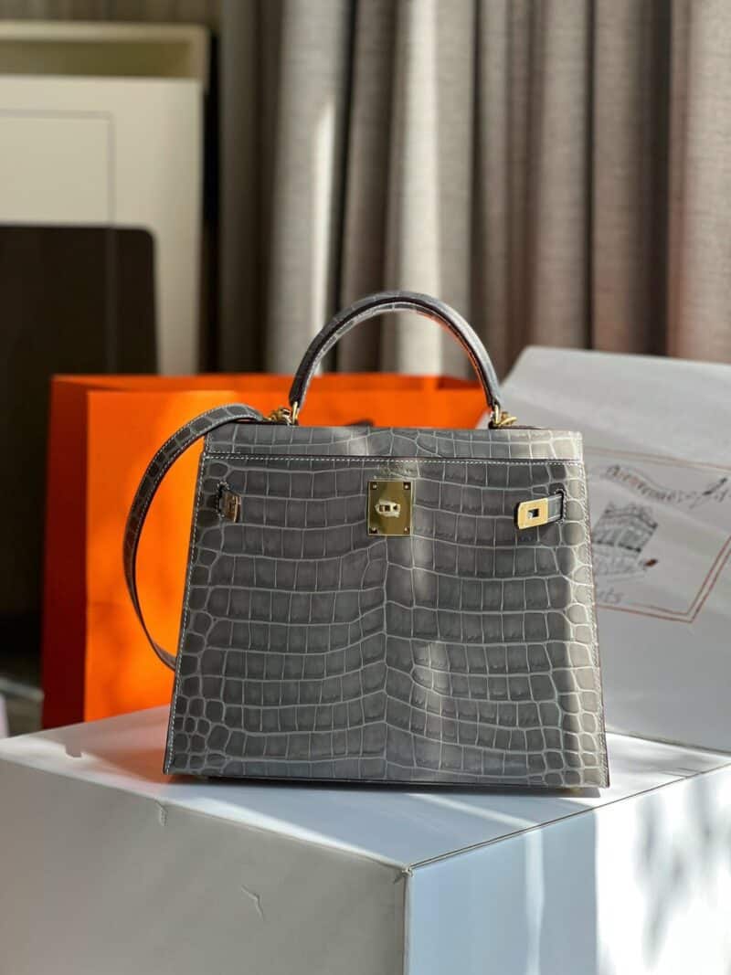 TÚI XÁCH HM HERMES KELLY 28 CROCODILE SIÊU CẤP KHÂU TAY 100% MÀU GHI