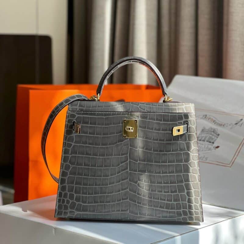 TÚI XÁCH HM HERMES KELLY 28 CROCODILE SIÊU CẤP KHÂU TAY 100% MÀU GHI