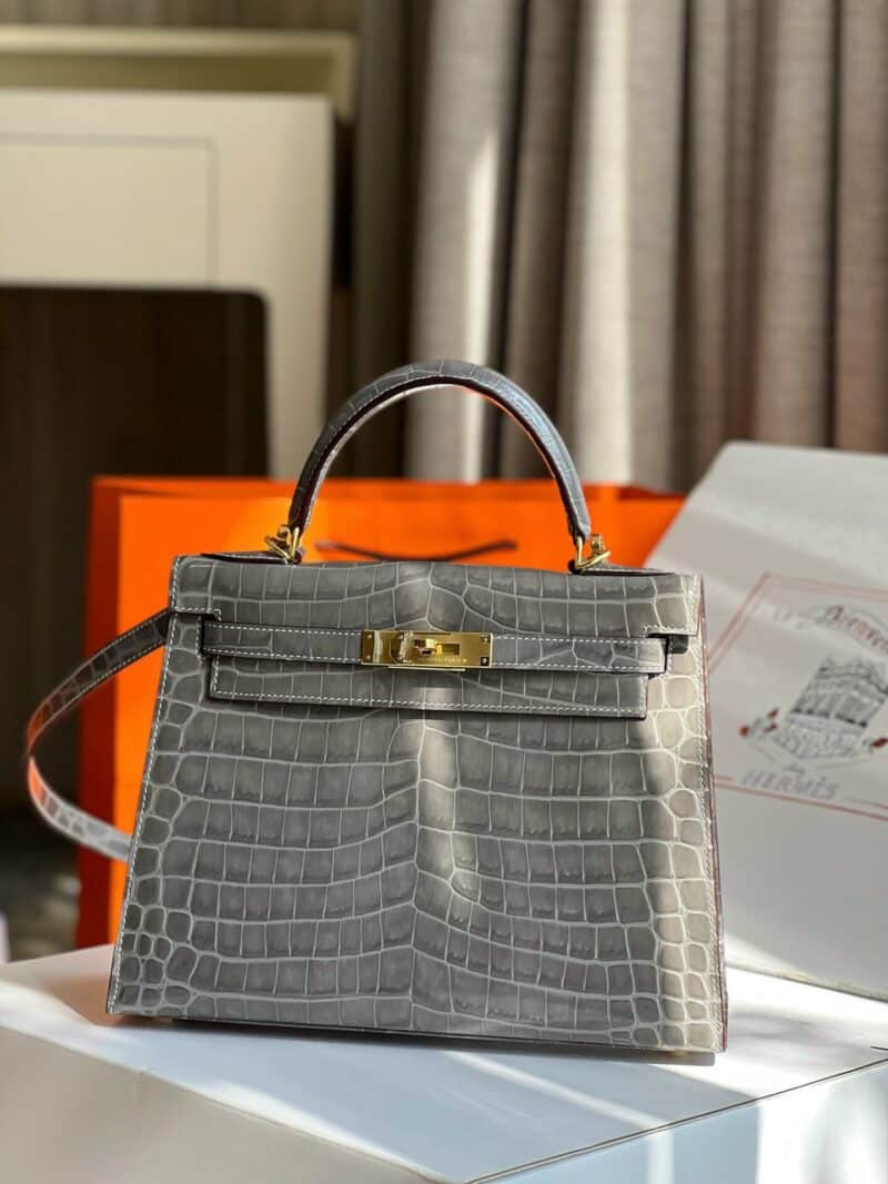 TÚI XÁCH HM HERMES KELLY 28 CROCODILE SIÊU CẤP KHÂU TAY 100% MÀU GHI