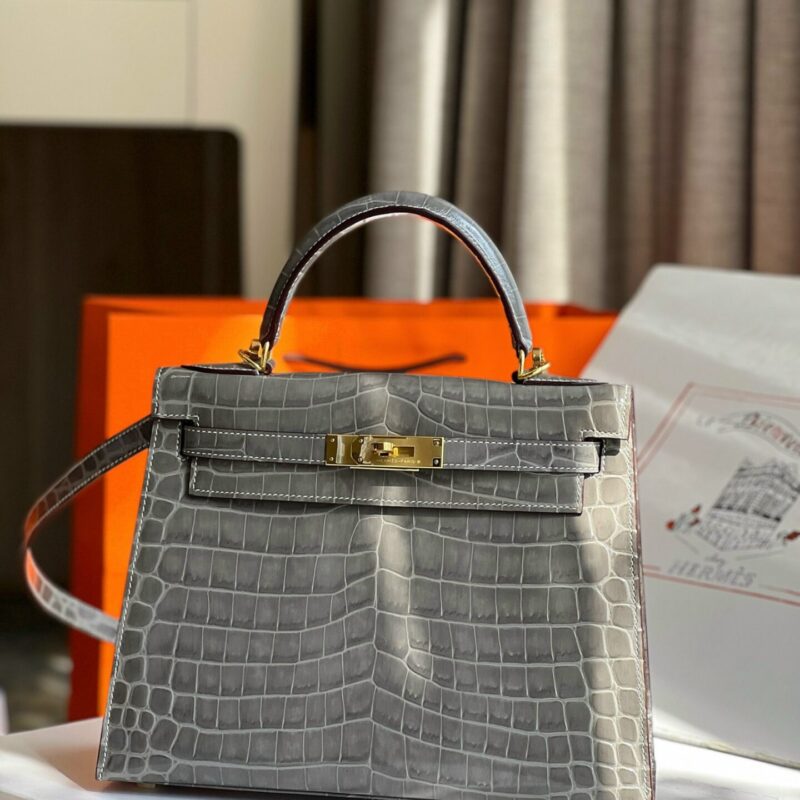 TÚI XÁCH HM HERMES KELLY 28 CROCODILE SIÊU CẤP KHÂU TAY 100% MÀU GHI