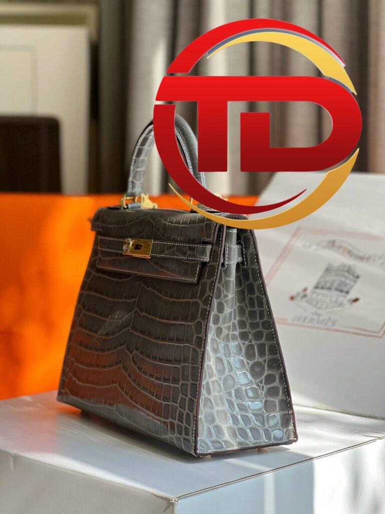 TÚI XÁCH HM HERMES KELLY 28 CROCODILE SIÊU CẤP KHÂU TAY 100% MÀU GHI