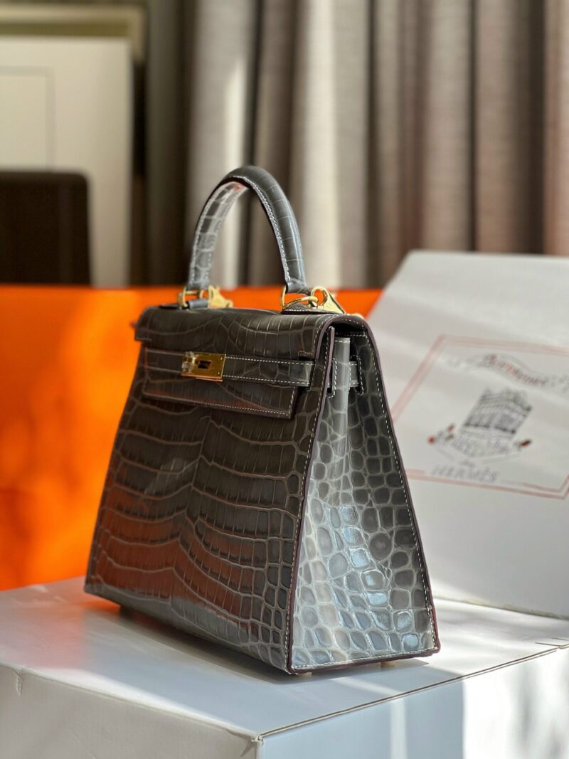 TÚI XÁCH HM HERMES KELLY 28 CROCODILE SIÊU CẤP KHÂU TAY 100% MÀU GHI