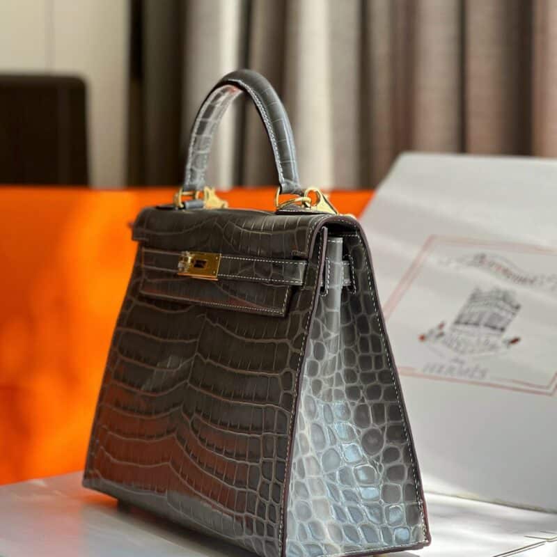TÚI XÁCH HM HERMES KELLY 28 CROCODILE SIÊU CẤP KHÂU TAY 100% MÀU GHI