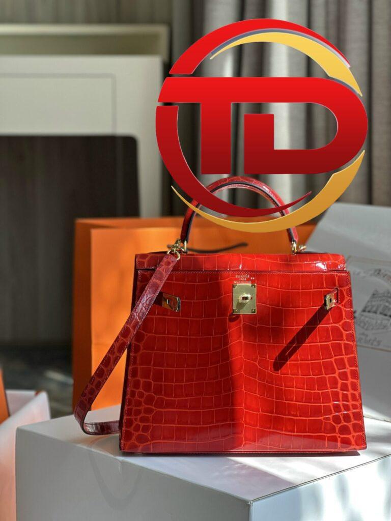 TÚI XÁCH HM HERMES KELLY 28 CROCODILE SIÊU CẤP KHÂU TAY 100% MÀU ĐỎ CAM