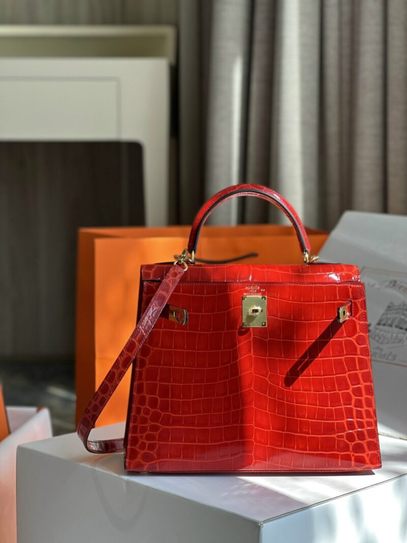 TÚI XÁCH HM HERMES KELLY 28 CROCODILE SIÊU CẤP KHÂU TAY 100% MÀU ĐỎ CAM