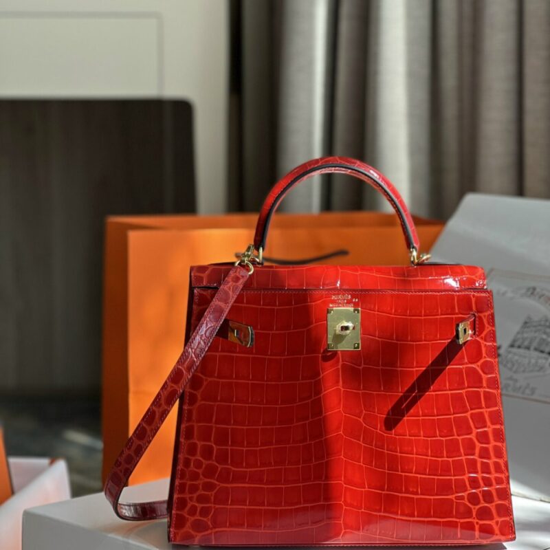 TÚI XÁCH HM HERMES KELLY 28 CROCODILE SIÊU CẤP KHÂU TAY 100% MÀU ĐỎ CAM