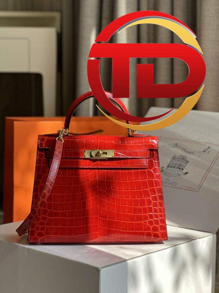TÚI XÁCH HM HERMES KELLY 28 CROCODILE SIÊU CẤP KHÂU TAY 100% MÀU ĐỎ CAM