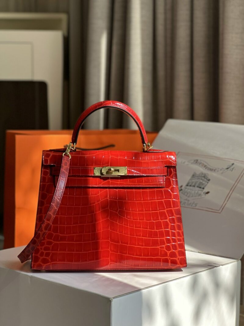 TÚI XÁCH HM HERMES KELLY 28 CROCODILE SIÊU CẤP KHÂU TAY 100% MÀU ĐỎ CAM