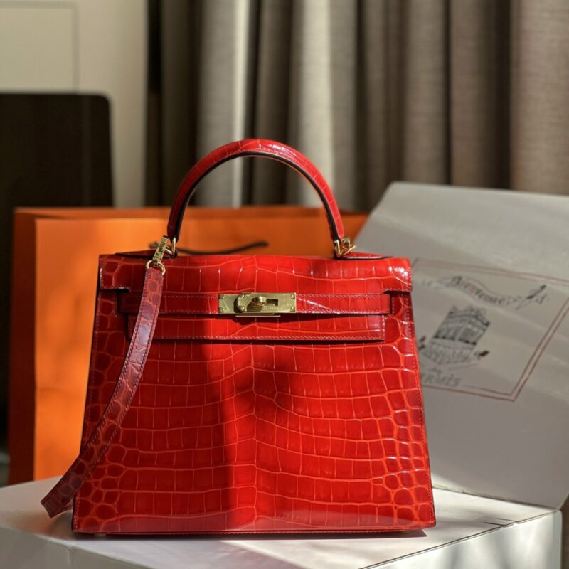 TÚI XÁCH HM HERMES KELLY 28 CROCODILE SIÊU CẤP KHÂU TAY 100% MÀU ĐỎ CAM