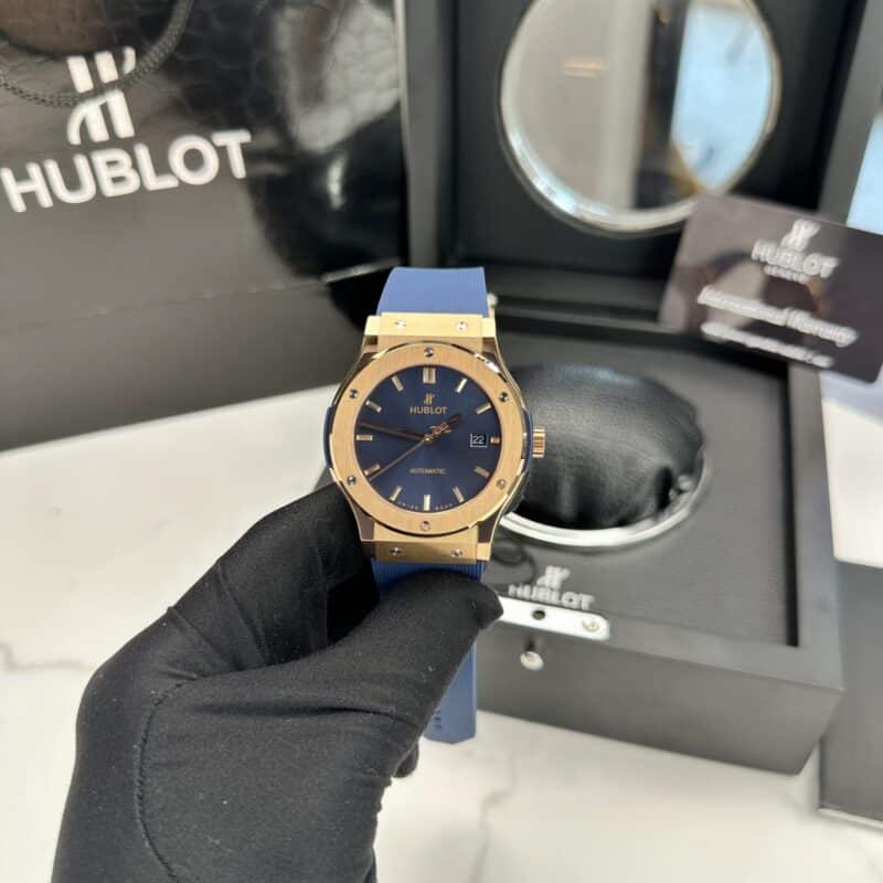 ĐỒNG HỒ HUBLOT CLASSIC FUSION MẶT XANH NAVY VỎ VÀNG HỒNG FAKE 1:1 HBF 42MM