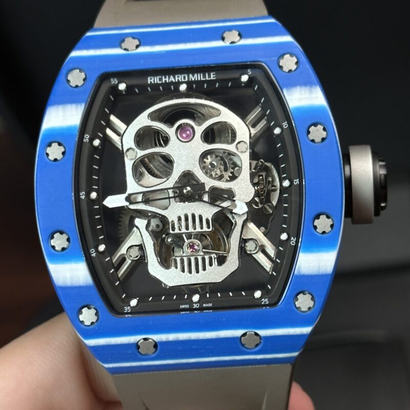 ĐỒNG HỒ RICHARD MILLE RM 52-01 TOURBILLON SKULL VỎ CARBON XANH REPLICA 49.8MM